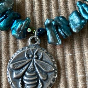 NWT Pewter Bee Necklace w Freshwater Pearls & Czech Fire Polished Glass